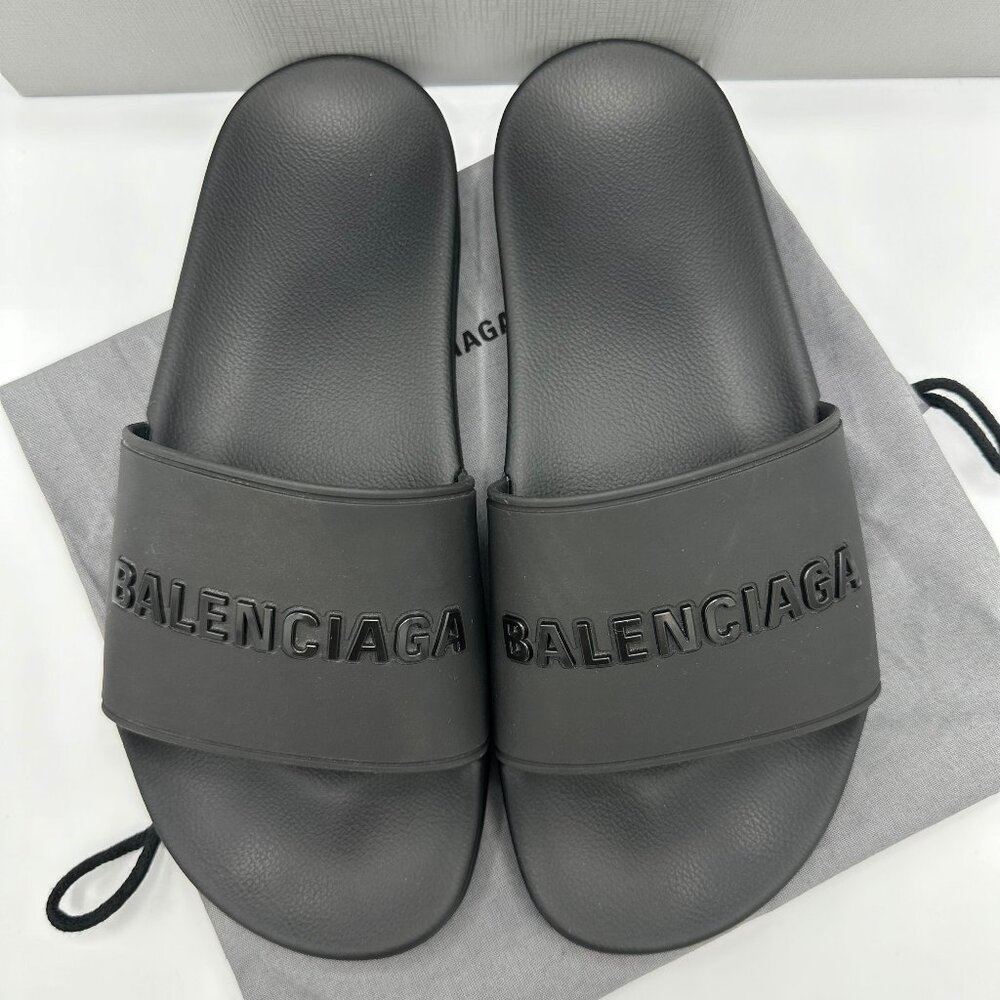 Balenciaga Black Logo Pool Slides Rubber Size 39